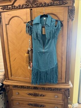 Teal Fringe Faux-Suede Mini Dress with Zip Front
